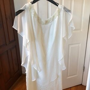 White/Cream lace cocktail dress with sheer overlay cape and pearl neckline
